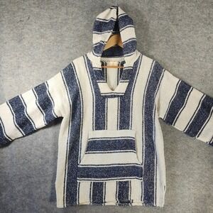 Baja Vintage XL Men Hoodie Blue White Cotton Mexican Poncho Jerga Pullover Beach